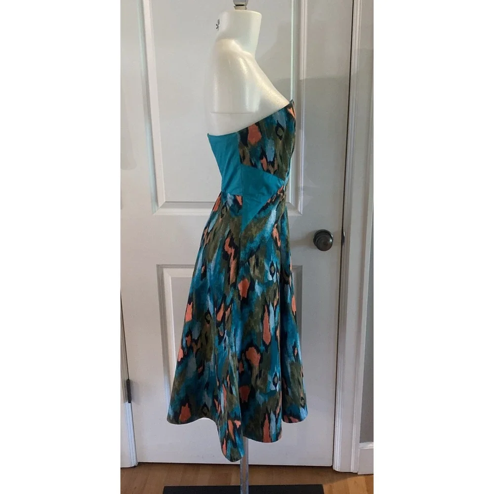 Anthropologie Girls From Savoy Teal‎ Painted Ikat Flared Strapless Dress Size 8